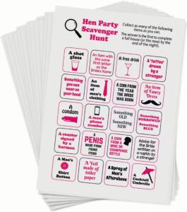 Hen party scavenger hunt game featuring 24 game cards with items to find and collect