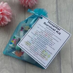 Hospital Survival Kit Gift in blue organza bag with laminated label, novelty get well soon gift