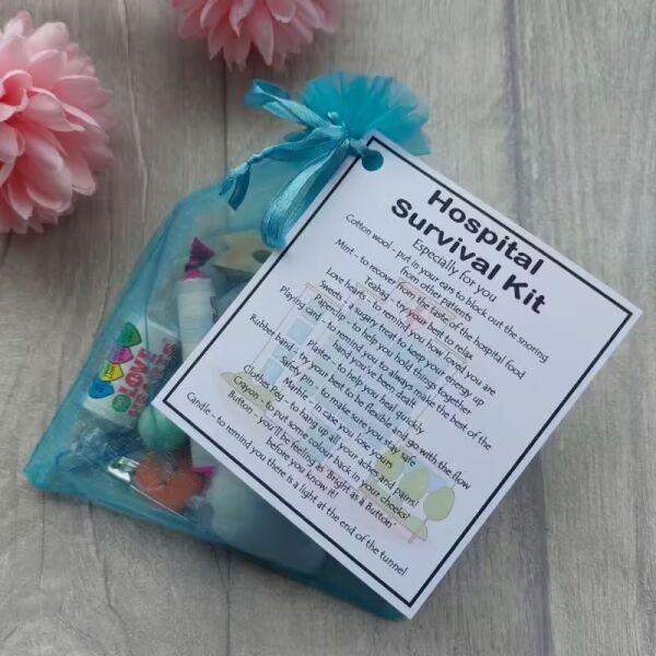Hospital Survival Kit Gift in blue organza bag with laminated label, novelty get well soon gift