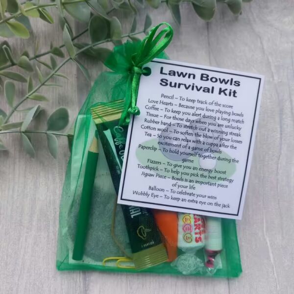 Lawn Bowls Survival Kit Gift in green organza bag with laminated label
