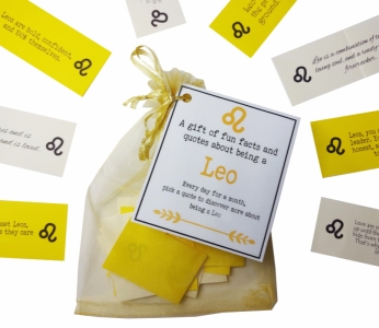 LEO star sign gift with 31 handmade daily quotes and facts about Leo traits, printed on coloured paper in an organza bag