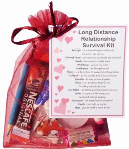 Long Distance Relationship Survival Kit Gift in organza bag with laminated label explaining each item's significance for couples
