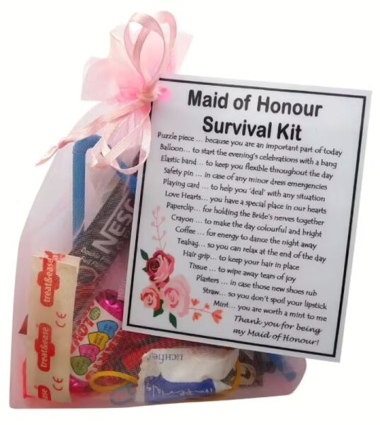 Maid of Honour Survival Kit Gift in pink organza bag with laminated label explaining each survival item