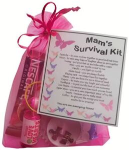 Pink organza survival kit gift for mam with laminated label explaining each item's significance