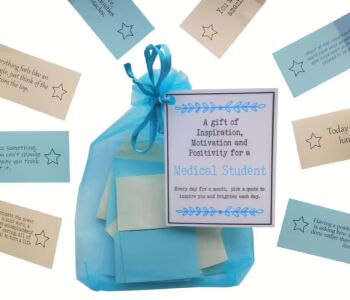 Handmade inspirational quote bag for a medical student, doctor, GP, surgeon, intern or junior doctor. Organza bag with 31 folded motivational quotes. Letterbox friendly gift.
