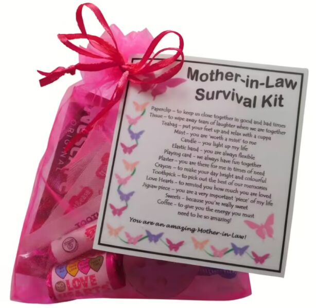 Mother-in-Law Survival Kit Gift presented in pink organza bag with laminated label