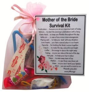 Mother of the Bride Survival Kit in pink organza bag with laminated label explaining each item