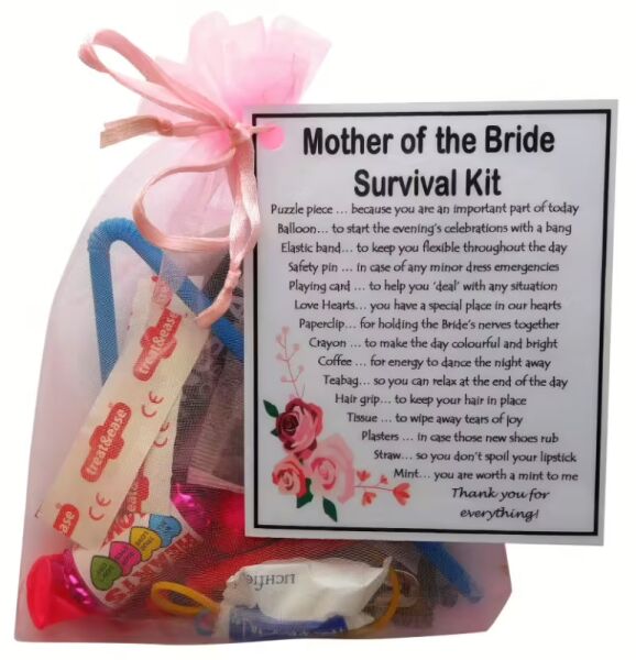 Mother of the Bride Survival Kit in pink organza bag with laminated label explaining each item
