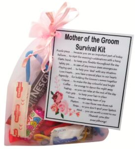 Mother of the Groom Survival Kit in pink organza bag with laminated label explaining each item's meaning
