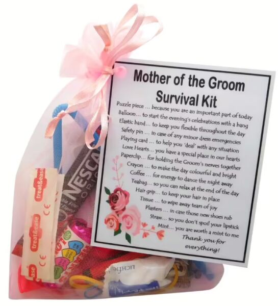 Mother of the Groom Survival Kit in pink organza bag with laminated label explaining each item's meaning