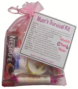 Mother's Day Survival Kit in light pink organza bag with laminated label showing gift message