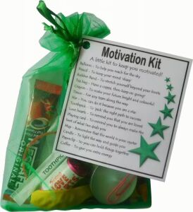 Motivation Kit Gift in green organza bag with laminated motivational label