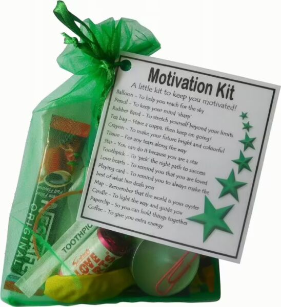 Motivation Kit Gift in green organza bag with laminated motivational label