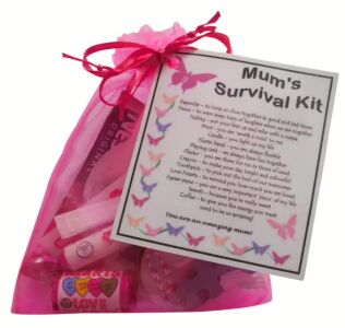Mum's Survival Kit in pink organza bag with laminated label explaining each item's meaning