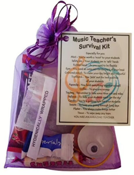 Handmade music teacher survival kit gift in organza bag with laminated label explaining each item's meaning