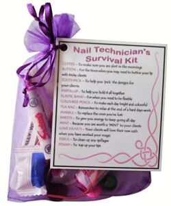 Nail Technician's Survival Kit in organza bag with laminated label explaining each item