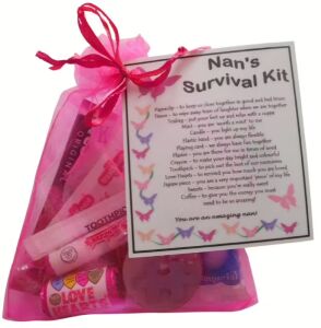 Nan's Survival Kit Gift in pink organza bag with laminated label explaining the meaning of each item