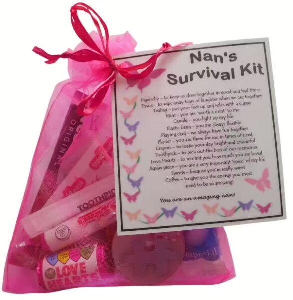 Nan's Survival Kit Gift in pink organza bag with laminated label explaining the meaning of each item