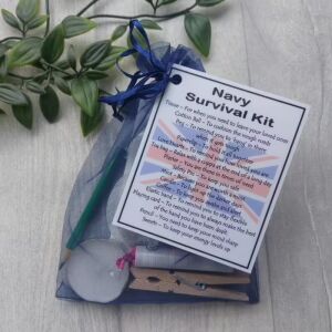 Navy novelty survival kit gift in organza bag with laminated label for military personnel