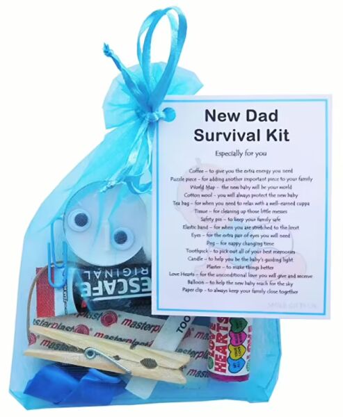 New Dad Survival Kit Gift - novelty keepsake with organza bag and laminated label for dad-to-be