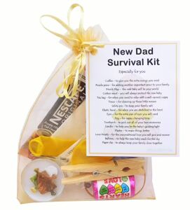 New Dad Survival Kit Gift in organza bag with laminated label explaining each item's meaning for new fathers