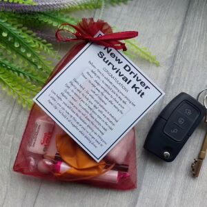 New Driver Survival Kit in turquoise organza bag with laminated congratulations label for passing driving test