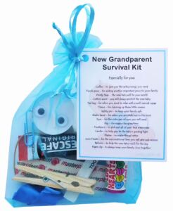 New Grandparent's Survival Kit in blue organza bag with laminated label for new grandparents