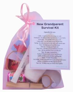 New Grandparent's Survival Kit (Pink) with organza bag and laminated label celebrating new grandparents