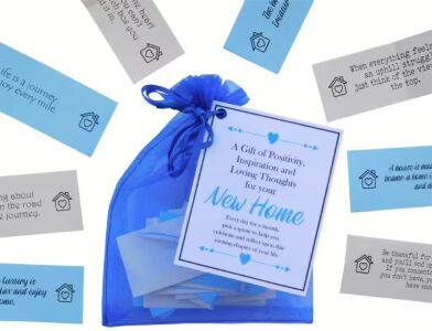 Handmade new home inspirational quotes bag with 31 positive messages in blue and cream paper inside organza bag