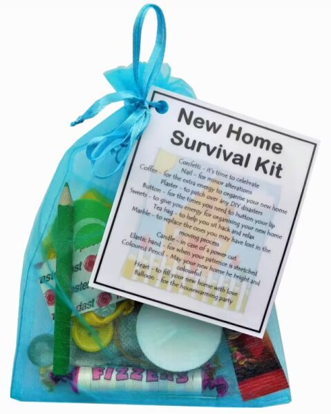 New Home Survival Kit novelty housewarming gift presented in an organza bag with laminated label