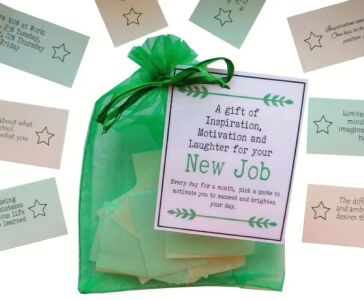Handmade new job inspirational quotes bag with 31 folded messages on coloured paper in organza pouch