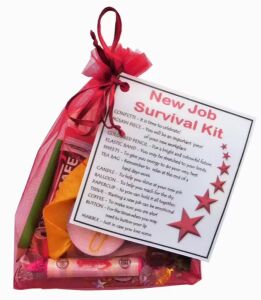 New Job Survival Kit Gift in organza bag with laminated label explaining each item