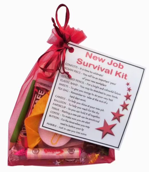 New Job Survival Kit Gift in organza bag with laminated label explaining each item