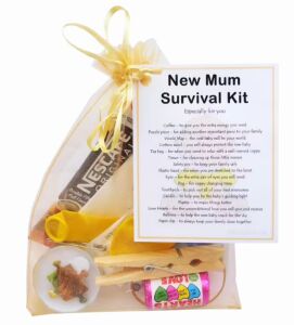New Mum Survival Kit Gift in yellow organza bag with laminated label explaining each item's meaning for expectant mothers