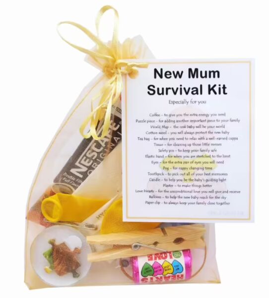 New Mum Survival Kit Gift in yellow organza bag with laminated label explaining each item's meaning for expectant mothers
