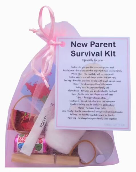 New Parents Survival Kit (Pink) - thoughtful gift for expectant parents and new mums with laminated label