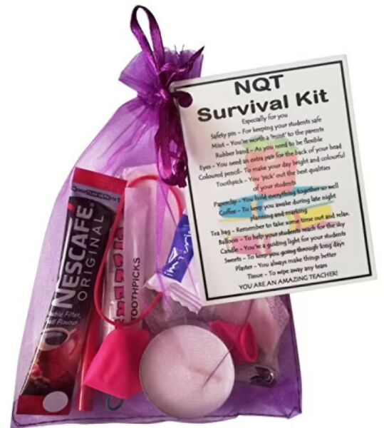 NQT Survival Kit Teacher Gift in organza bag with laminated label for newly qualified teachers