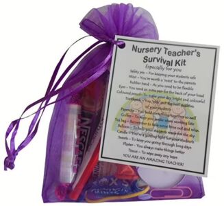 Organza bag containing nursery teacher survival kit with laminated label explaining each symbolic item