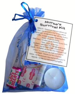 Nurse's Survival Kit in an organza bag with a laminated label, a thoughtful thank you gift for a nurse