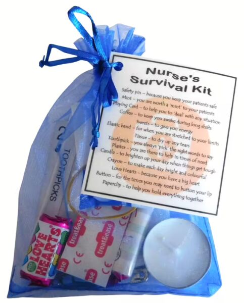 Nurse's Survival Kit in an organza bag with a laminated label, a thoughtful thank you gift for a nurse