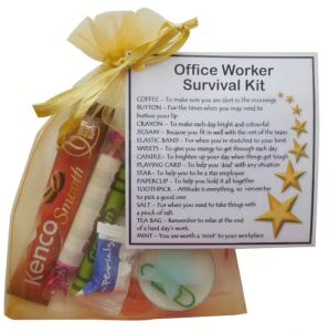 Office Worker Survival Kit Gift in organza bag with laminated label for new job or secret santa office gift