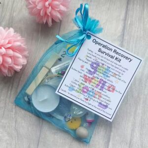 Operation Recovery Survival Kit in blue organza bag - thoughtful get well soon gift for post-operation recovery
