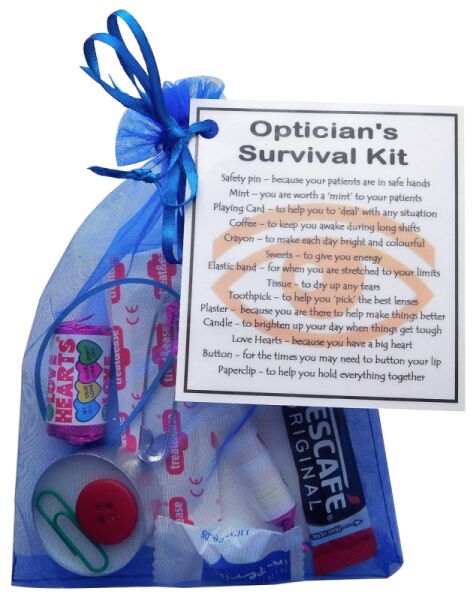 Optician's survival kit gift in organza bag with laminated label explaining each item
