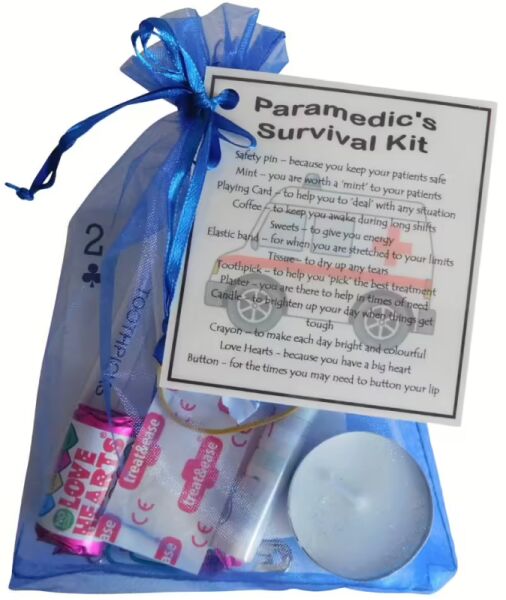 Paramedic's Survival Kit in organza bag with laminated label explaining each symbolic item