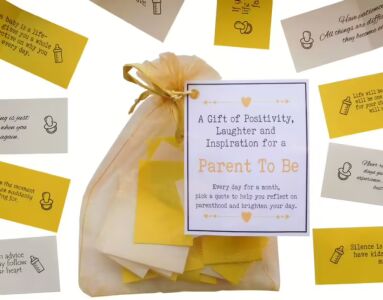 Handmade parent to be quotes bag with 31 inspirational and positive quotes for new mums, dads and expectant parents