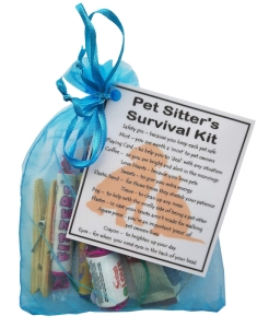Pet Sitter's Survival Kit in blue organza bag with laminated label