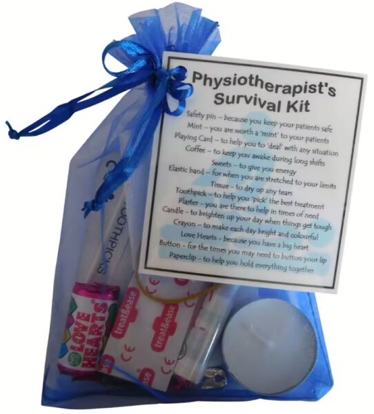 Physiotherapist's Survival Kit in organza bag with laminated label explaining each item's meaning