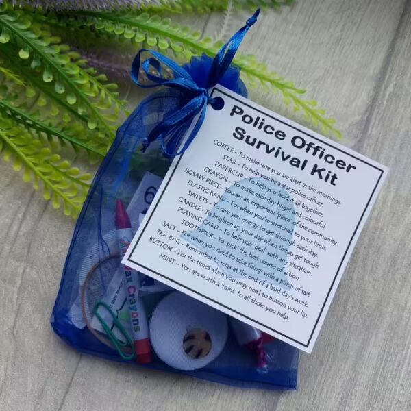 Novelty Police Officer Survival Kit Gift in organza bag with laminated label - policeman and policewoman gift for new police officers and secret santa