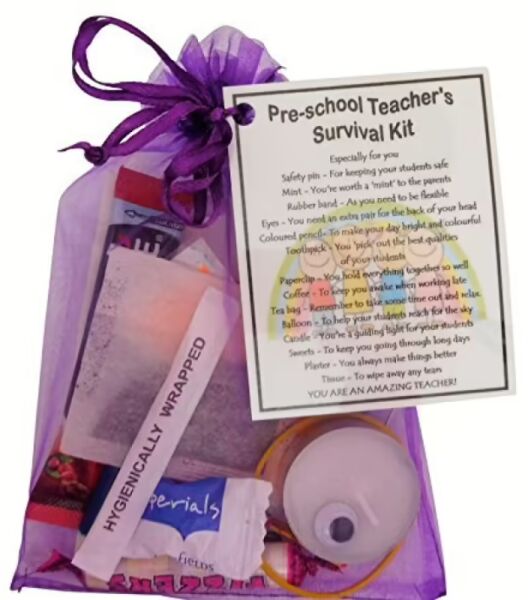 Pre School Teacher Survival Kit Gift in organza bag with laminated label - thank you gift for nursery and pre school teachers