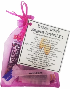 Prosecco Lover's Hangover Survival Kit in organza bag with laminated label